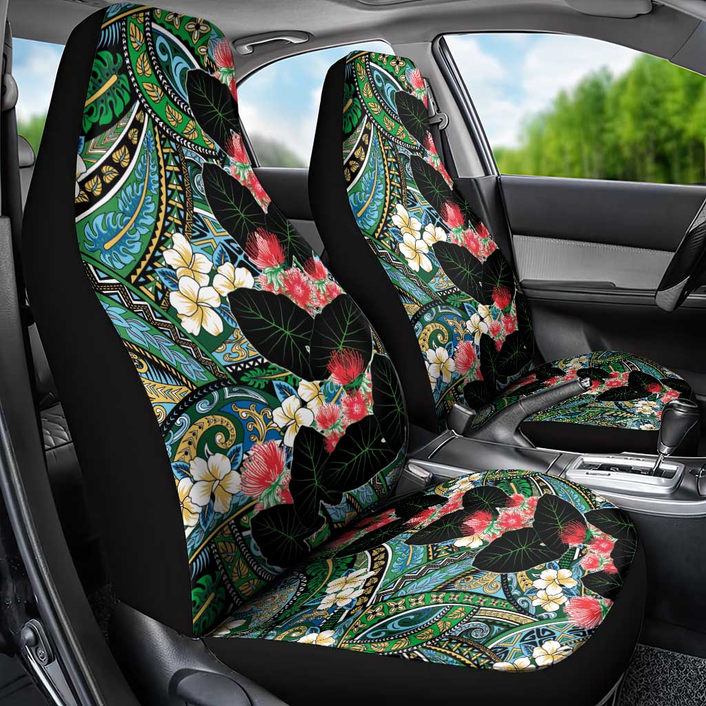 Hawaiian Taro Leaves and Ohia Lehua Car Seat Cover Polynesian Tribal Art Tropical Plants Motifs Colorful