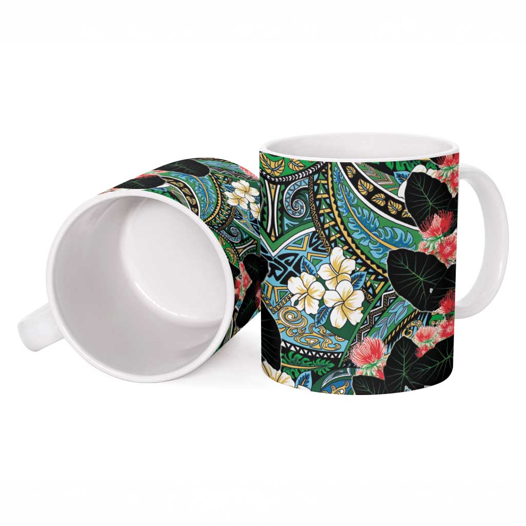 Hawaiian Taro Leaves and Ohia Lehua Ceramic Mug Polynesian Tribal Art Tropical Plants Motifs Colorful