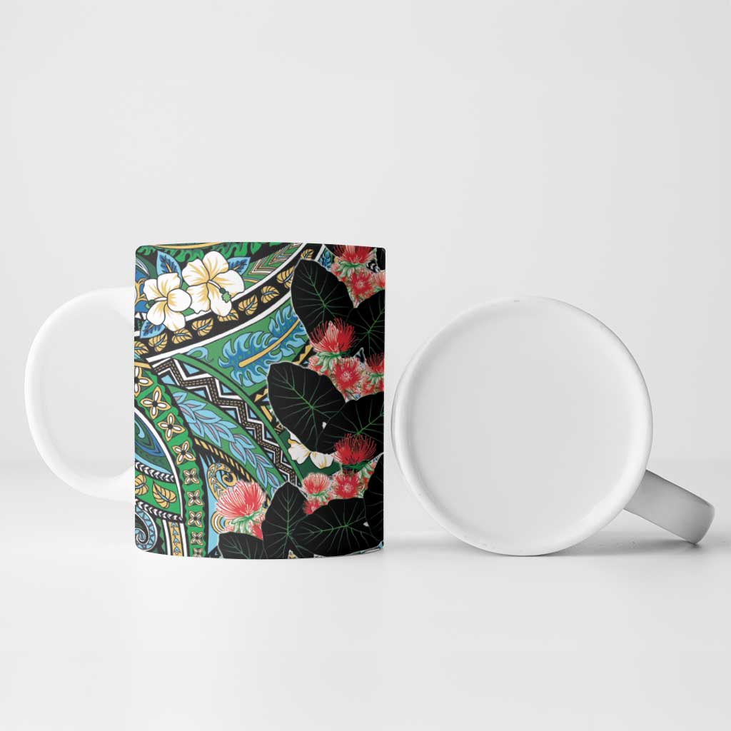 Hawaiian Taro Leaves and Ohia Lehua Ceramic Mug Polynesian Tribal Art Tropical Plants Motifs Colorful