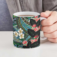 Hawaiian Taro Leaves and Ohia Lehua Ceramic Mug Polynesian Tribal Art Tropical Plants Motifs Colorful