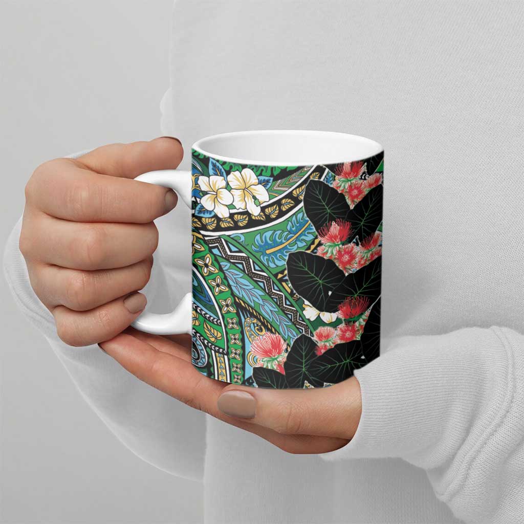 Hawaiian Taro Leaves and Ohia Lehua Ceramic Mug Polynesian Tribal Art Tropical Plants Motifs Colorful