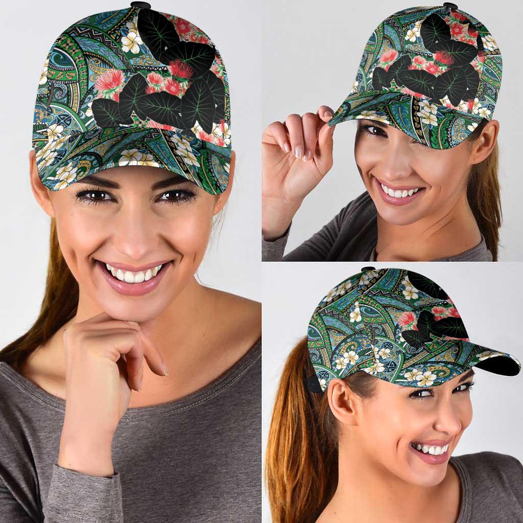 Hawaiian Taro Leaves and Ohia Lehua Classic Cap Polynesian Tribal Art Tropical Plants Motifs Colorful