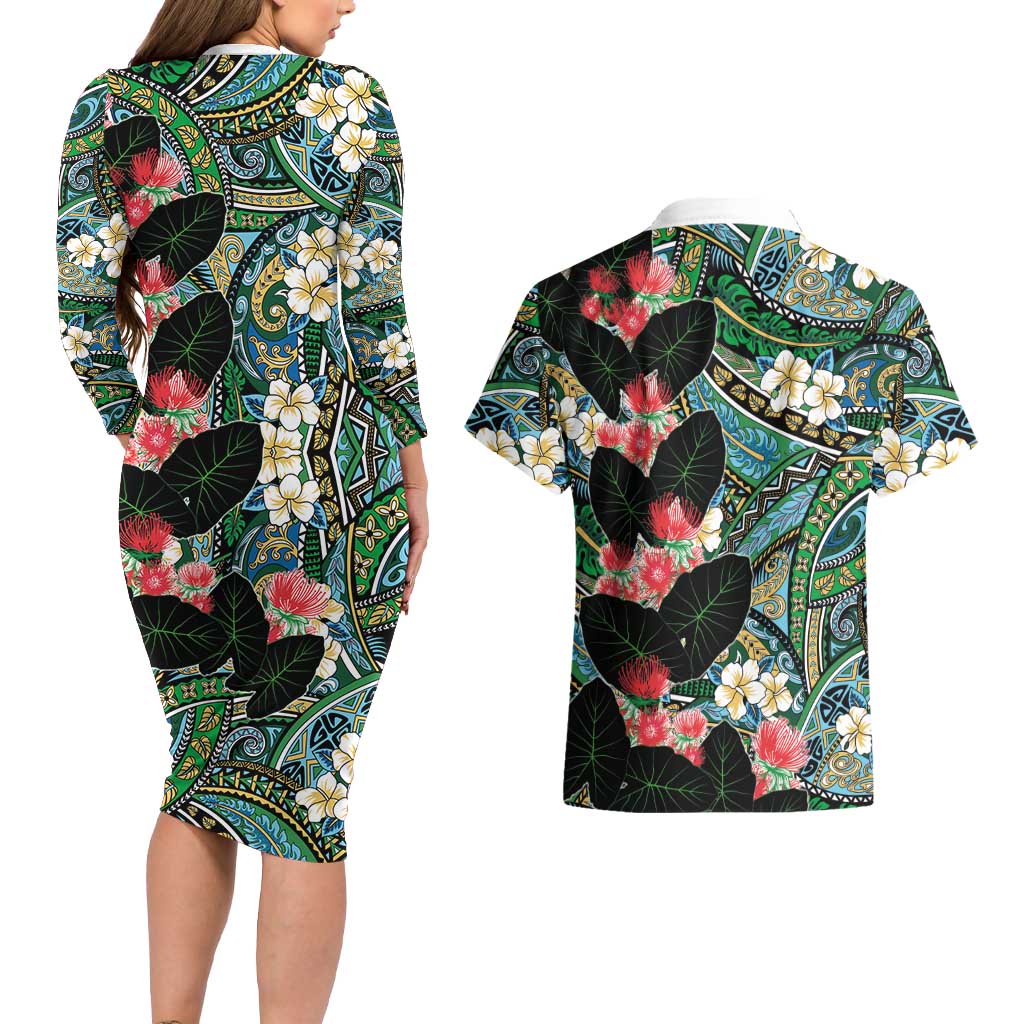 Hawaiian Taro Leaves and Ohia Lehua Couples Matching Long Sleeve Bodycon Dress and Hawaiian Shirt Polynesian Tribal Art Tropical Plants Motifs Colorful
