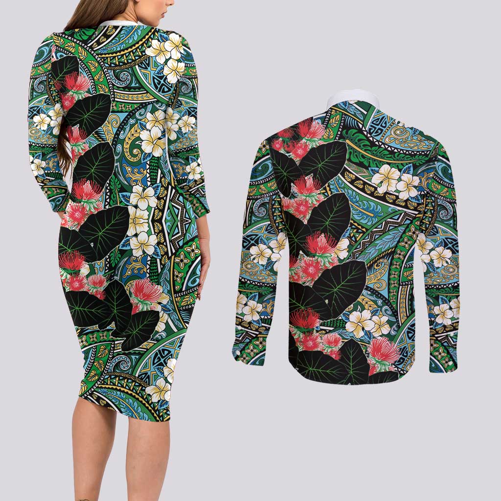 Hawaiian Taro Leaves and Ohia Lehua Couples Matching Long Sleeve Bodycon Dress and Long Sleeve Button Shirt Polynesian Tribal Art Tropical Plants Motifs Colorful