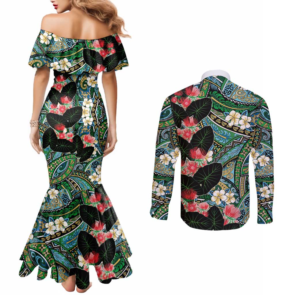 Hawaiian Taro Leaves and Ohia Lehua Couples Matching Mermaid Dress and Long Sleeve Button Shirt Polynesian Tribal Art Tropical Plants Motifs Colorful