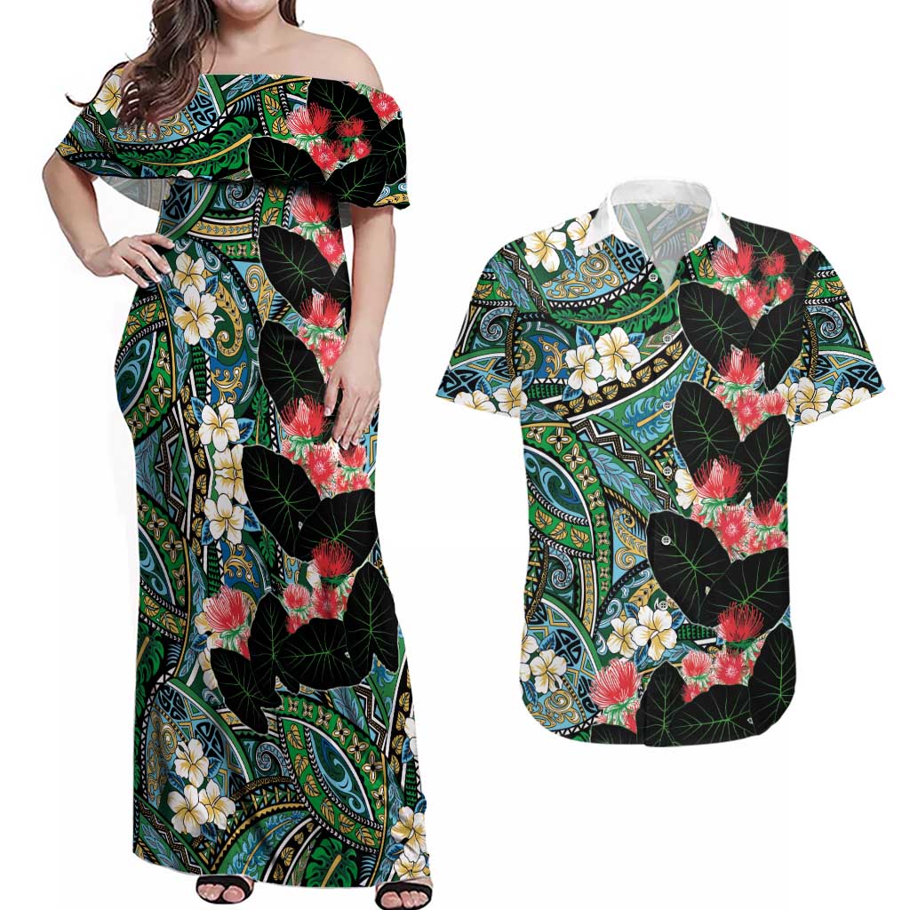 Hawaiian Taro Leaves and Ohia Lehua Couples Matching Off Shoulder Maxi Dress and Hawaiian Shirt Polynesian Tribal Art Tropical Plants Motifs Colorful