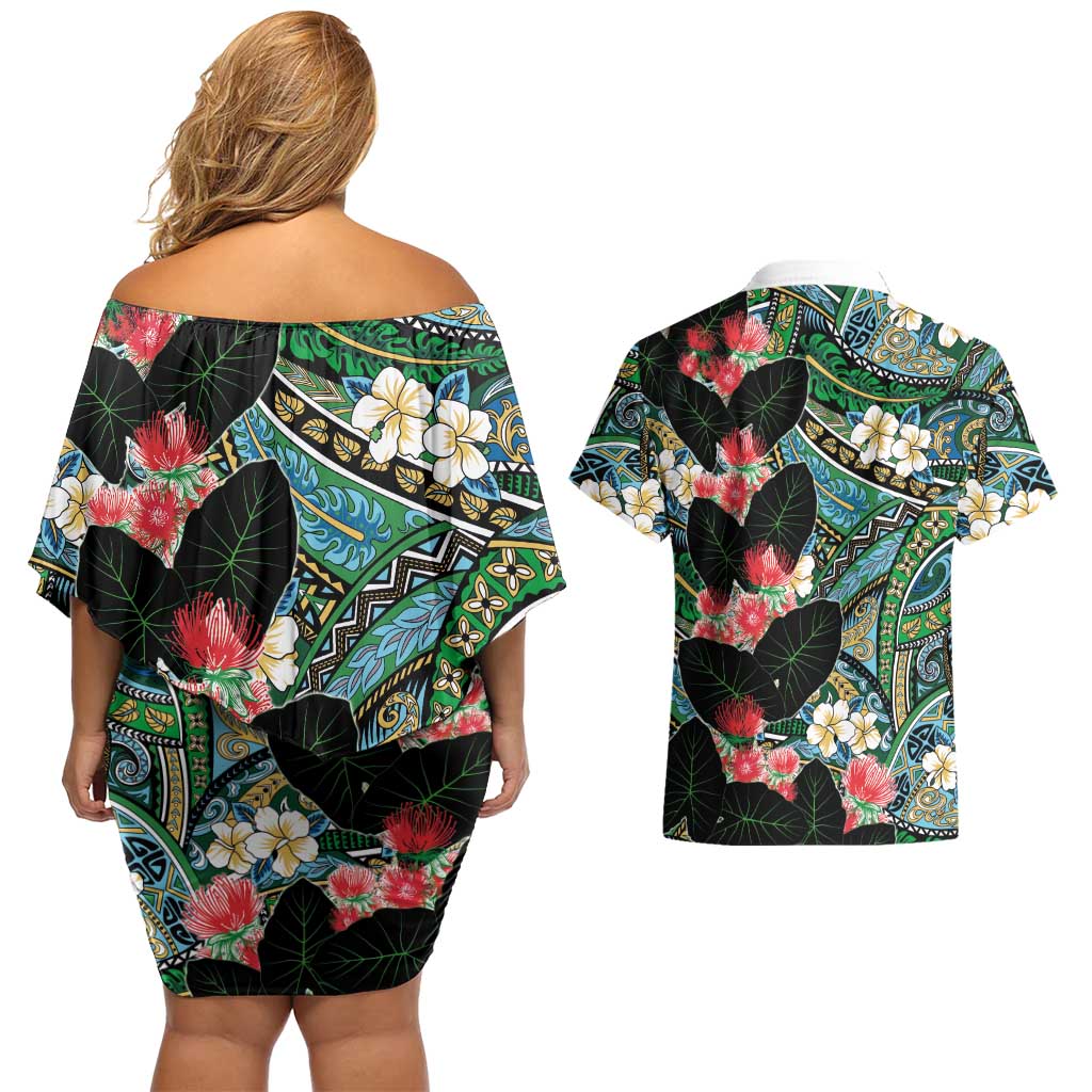 Hawaiian Taro Leaves and Ohia Lehua Couples Matching Off Shoulder Short Dress and Hawaiian Shirt Polynesian Tribal Art Tropical Plants Motifs Colorful