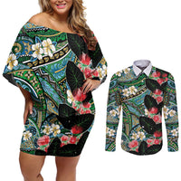 Hawaiian Taro Leaves and Ohia Lehua Couples Matching Off Shoulder Short Dress and Long Sleeve Button Shirt Polynesian Tribal Art Tropical Plants Motifs Colorful
