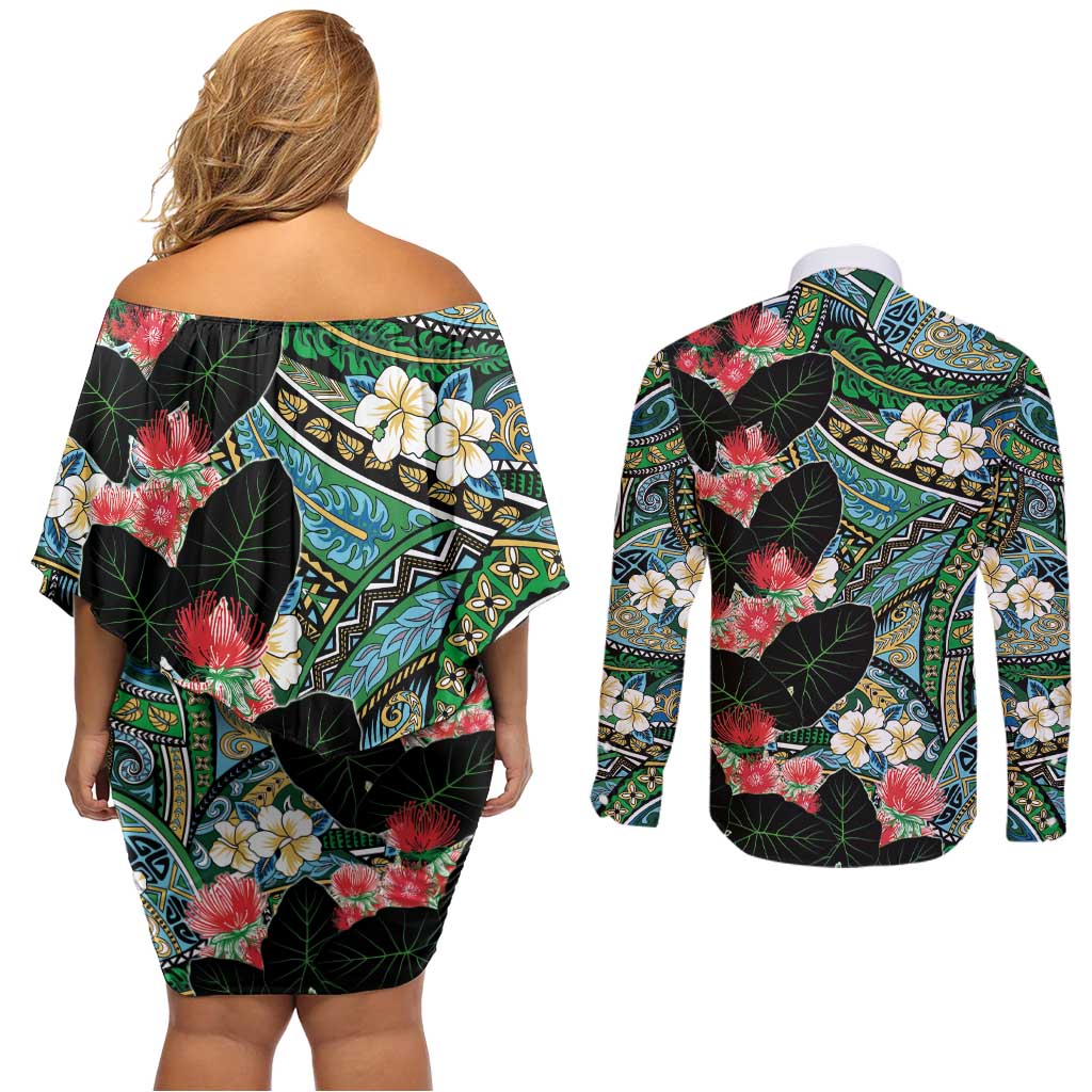 Hawaiian Taro Leaves and Ohia Lehua Couples Matching Off Shoulder Short Dress and Long Sleeve Button Shirt Polynesian Tribal Art Tropical Plants Motifs Colorful