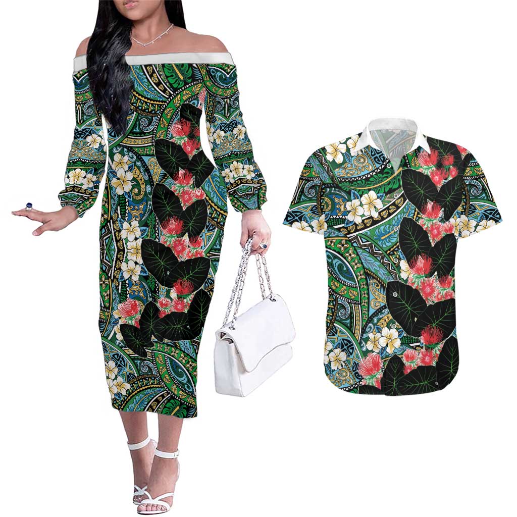 Hawaiian Taro Leaves and Ohia Lehua Couples Matching Off The Shoulder Long Sleeve Dress and Hawaiian Shirt Polynesian Tribal Art Tropical Plants Motifs Colorful