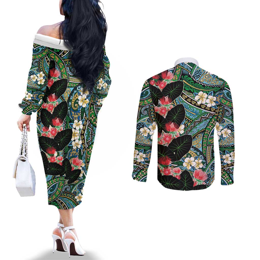 Hawaiian Taro Leaves and Ohia Lehua Couples Matching Off The Shoulder Long Sleeve Dress and Long Sleeve Button Shirt Polynesian Tribal Art Tropical Plants Motifs Colorful
