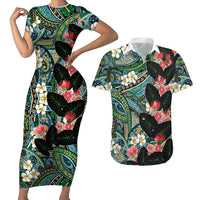 Hawaiian Taro Leaves and Ohia Lehua Couples Matching Short Sleeve Bodycon Dress and Hawaiian Shirt Polynesian Tribal Art Tropical Plants Motifs Colorful