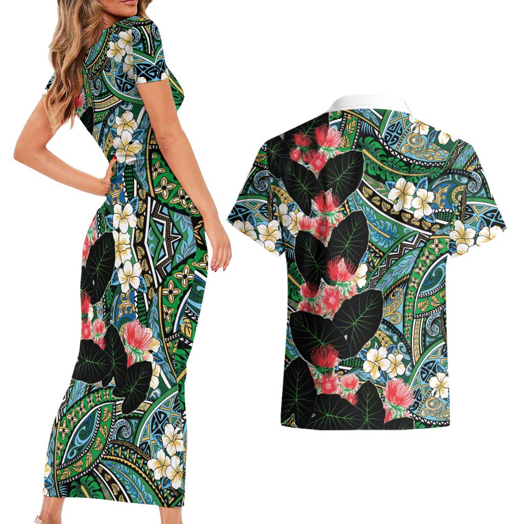 Hawaiian Taro Leaves and Ohia Lehua Couples Matching Short Sleeve Bodycon Dress and Hawaiian Shirt Polynesian Tribal Art Tropical Plants Motifs Colorful