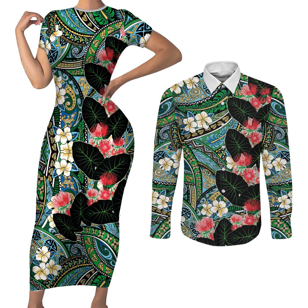 Hawaiian Taro Leaves and Ohia Lehua Couples Matching Short Sleeve Bodycon Dress and Long Sleeve Button Shirt Polynesian Tribal Art Tropical Plants Motifs Colorful