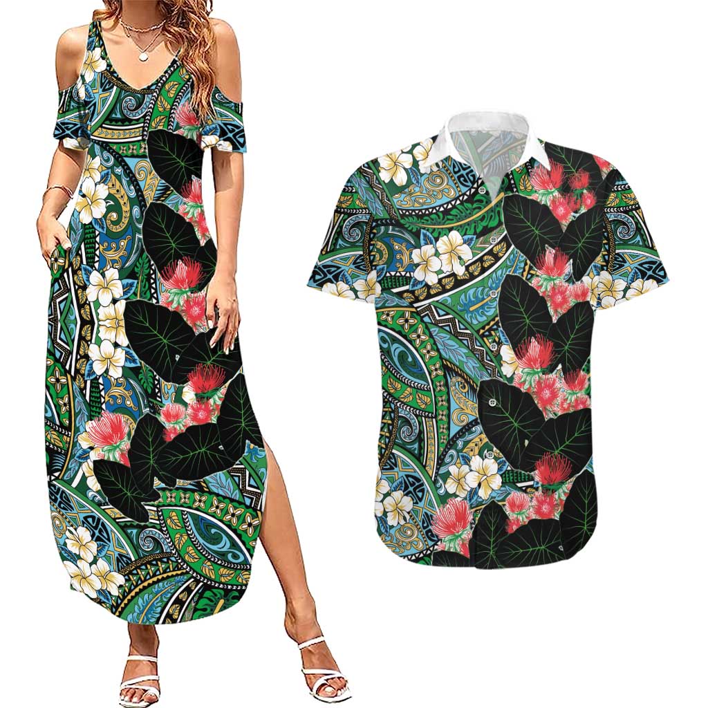 Hawaiian Taro Leaves and Ohia Lehua Couples Matching Summer Maxi Dress and Hawaiian Shirt Polynesian Tribal Art Tropical Plants Motifs Colorful
