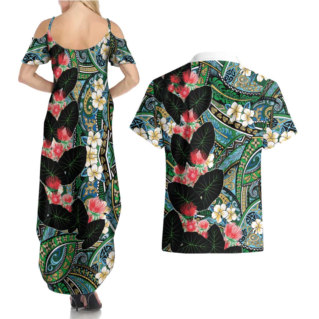 Hawaiian Taro Leaves and Ohia Lehua Couples Matching Summer Maxi Dress and Hawaiian Shirt Polynesian Tribal Art Tropical Plants Motifs Colorful
