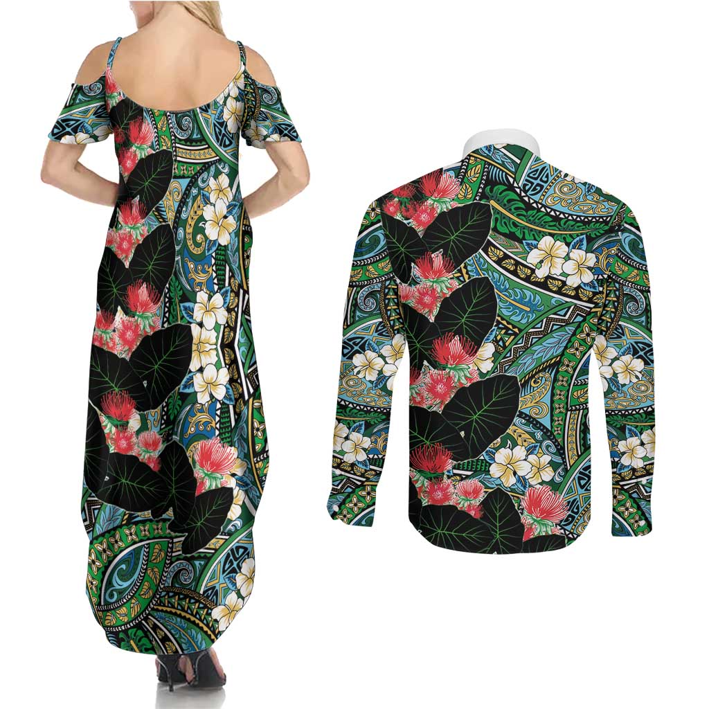 Hawaiian Taro Leaves and Ohia Lehua Couples Matching Summer Maxi Dress and Long Sleeve Button Shirt Polynesian Tribal Art Tropical Plants Motifs Colorful