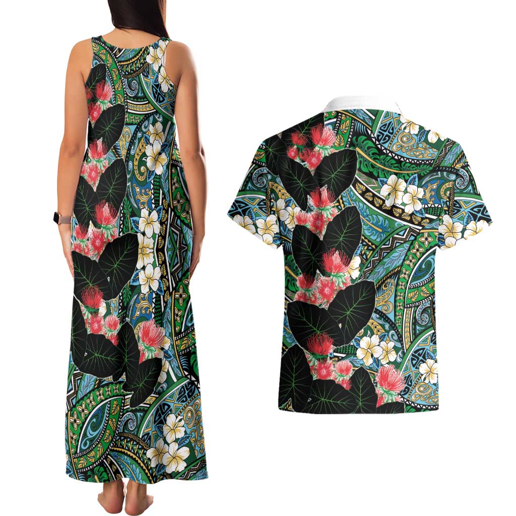 Hawaiian Taro Leaves and Ohia Lehua Couples Matching Tank Maxi Dress and Hawaiian Shirt Polynesian Tribal Art Tropical Plants Motifs Colorful