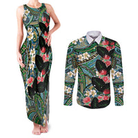 Hawaiian Taro Leaves and Ohia Lehua Couples Matching Tank Maxi Dress and Long Sleeve Button Shirt Polynesian Tribal Art Tropical Plants Motifs Colorful