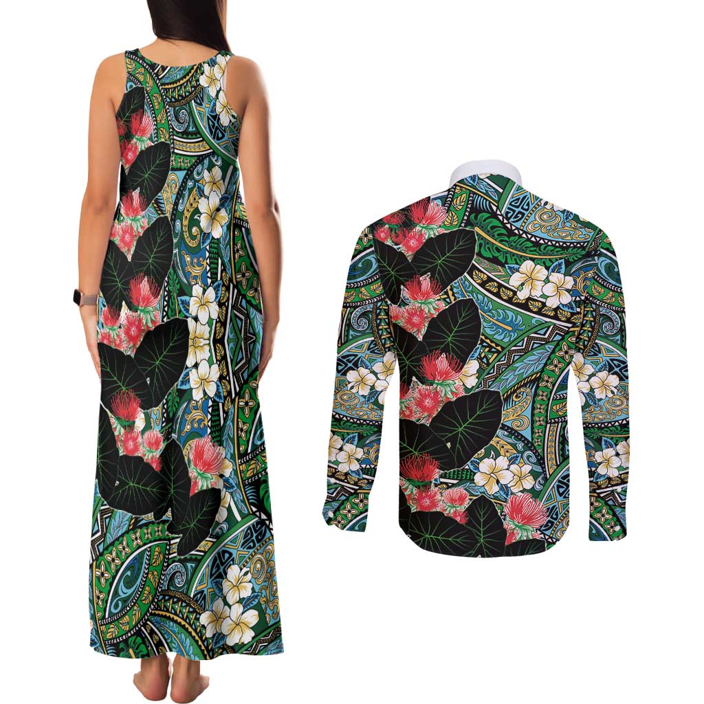 Hawaiian Taro Leaves and Ohia Lehua Couples Matching Tank Maxi Dress and Long Sleeve Button Shirt Polynesian Tribal Art Tropical Plants Motifs Colorful