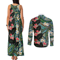 Hawaiian Taro Leaves and Ohia Lehua Couples Matching Tank Maxi Dress and Long Sleeve Button Shirt Polynesian Tribal Art Tropical Plants Motifs Colorful