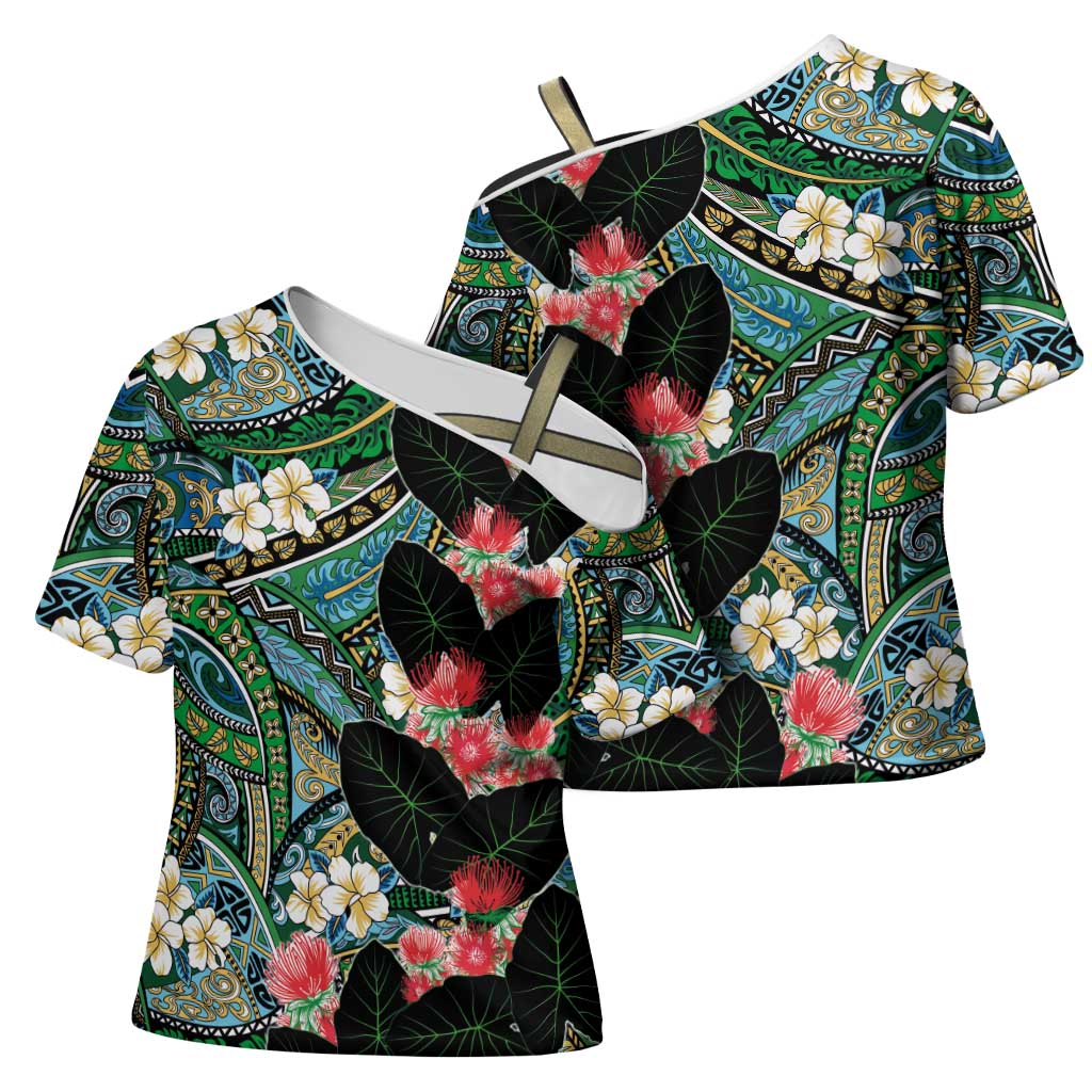 Hawaiian Taro Leaves and Ohia Lehua Cross Shoulder Shirt Polynesian Tribal Art Tropical Plants Motifs Colorful