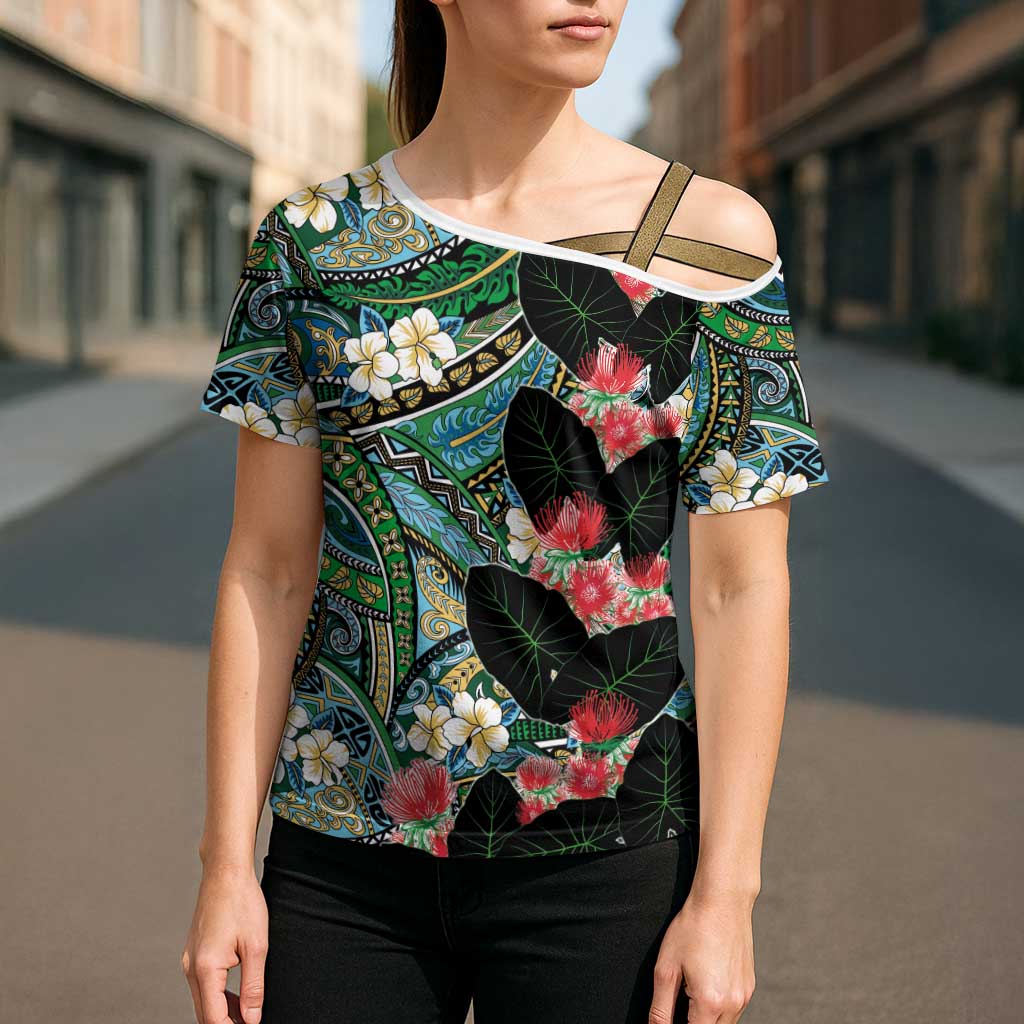 Hawaiian Taro Leaves and Ohia Lehua Cross Shoulder Shirt Polynesian Tribal Art Tropical Plants Motifs Colorful