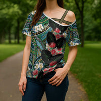 Hawaiian Taro Leaves and Ohia Lehua Cross Shoulder Shirt Polynesian Tribal Art Tropical Plants Motifs Colorful