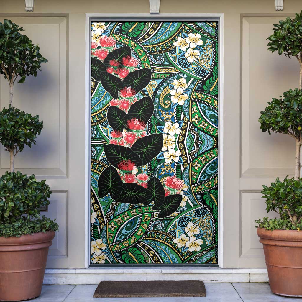 Hawaiian Taro Leaves and Ohia Lehua Door Cover Polynesian Tribal Art Tropical Plants Motifs Colorful