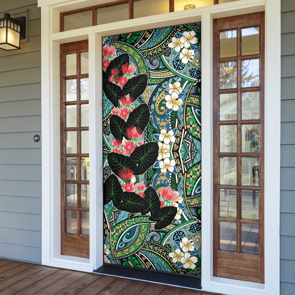 Hawaiian Taro Leaves and Ohia Lehua Door Cover Polynesian Tribal Art Tropical Plants Motifs Colorful