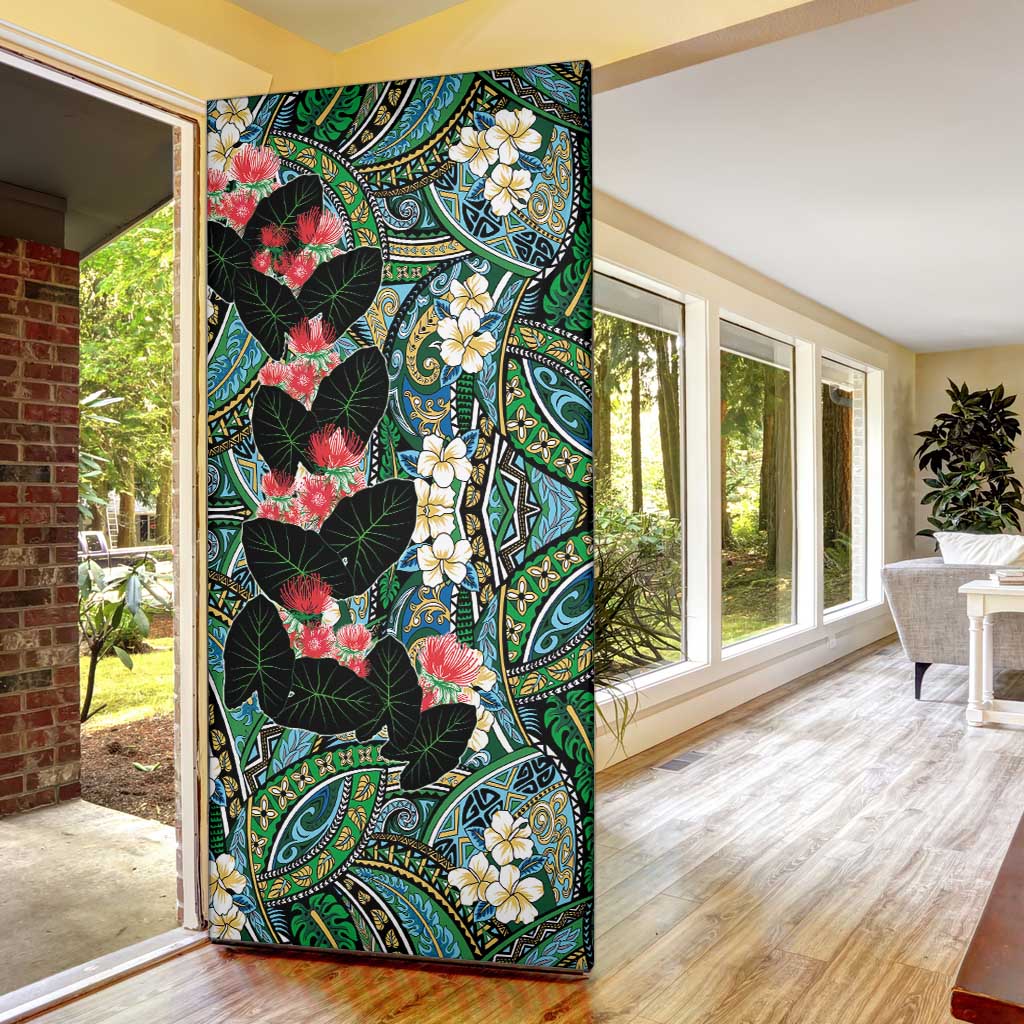 Hawaiian Taro Leaves and Ohia Lehua Door Cover Polynesian Tribal Art Tropical Plants Motifs Colorful