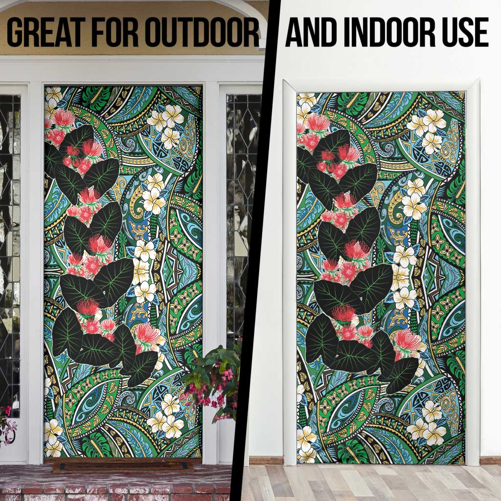 Hawaiian Taro Leaves and Ohia Lehua Door Cover Polynesian Tribal Art Tropical Plants Motifs Colorful