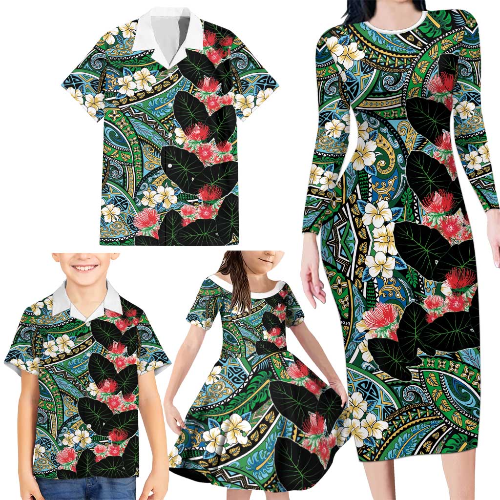 Hawaiian Taro Leaves and Ohia Lehua Family Matching Long Sleeve Bodycon Dress and Hawaiian Shirt Polynesian Tribal Art Tropical Plants Motifs Colorful