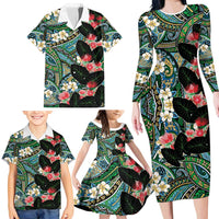 Hawaiian Taro Leaves and Ohia Lehua Family Matching Long Sleeve Bodycon Dress and Hawaiian Shirt Polynesian Tribal Art Tropical Plants Motifs Colorful