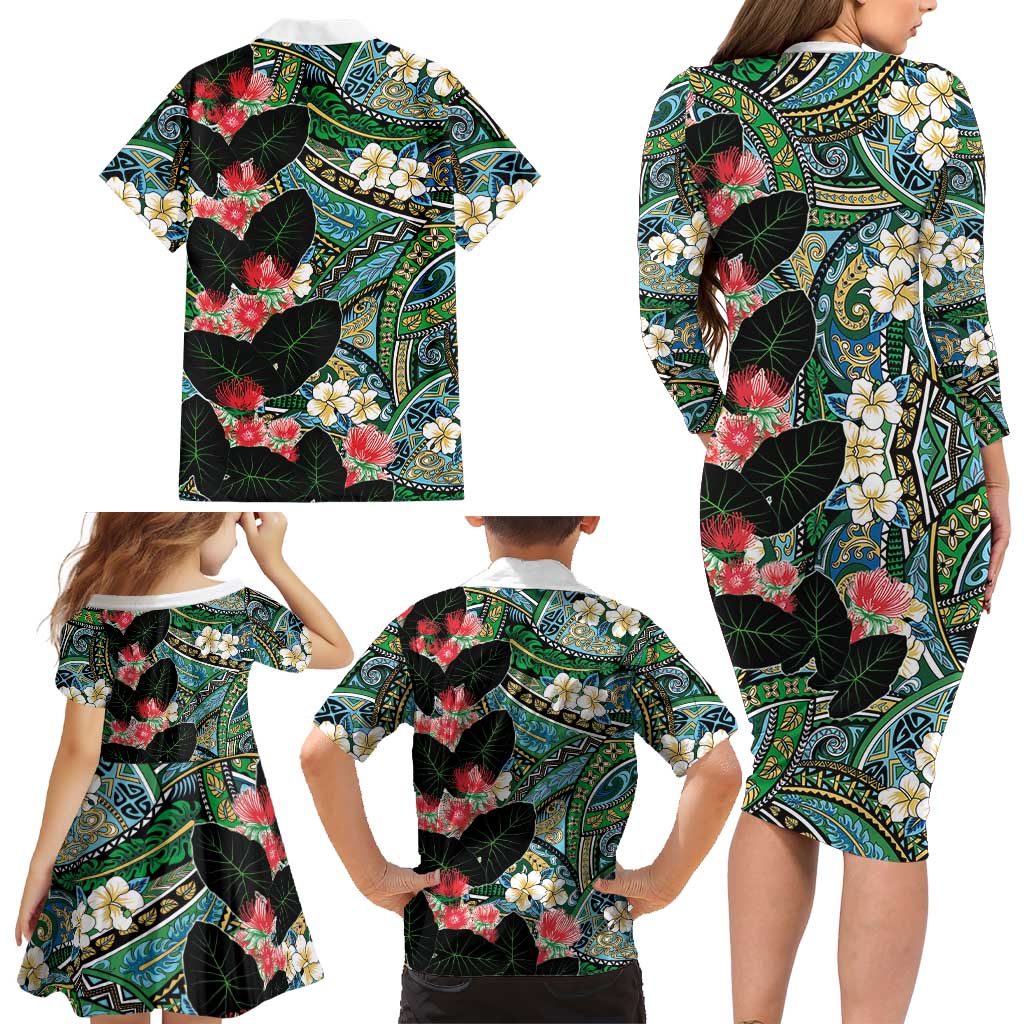 Hawaiian Taro Leaves and Ohia Lehua Family Matching Long Sleeve Bodycon Dress and Hawaiian Shirt Polynesian Tribal Art Tropical Plants Motifs Colorful