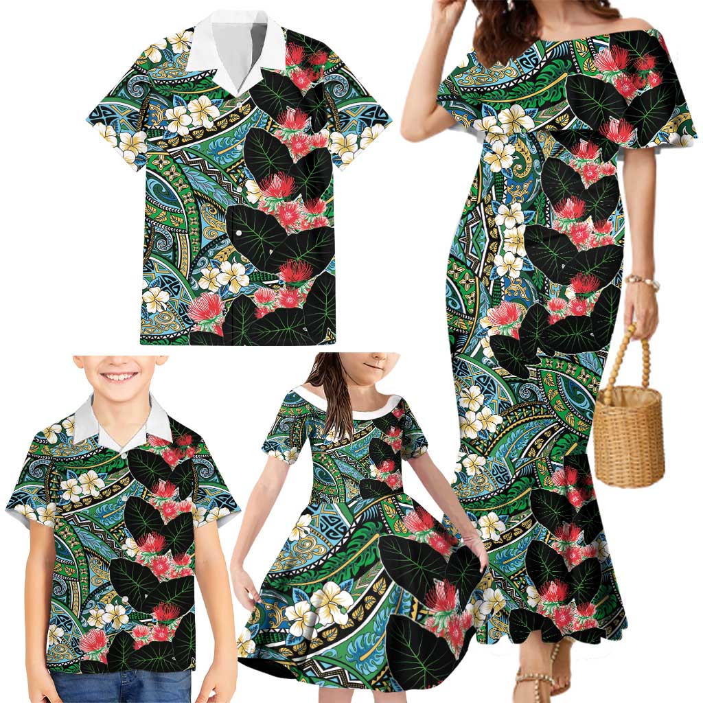 Hawaiian Taro Leaves and Ohia Lehua Family Matching Mermaid Dress and Hawaiian Shirt Polynesian Tribal Art Tropical Plants Motifs Colorful