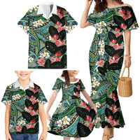 Hawaiian Taro Leaves and Ohia Lehua Family Matching Mermaid Dress and Hawaiian Shirt Polynesian Tribal Art Tropical Plants Motifs Colorful