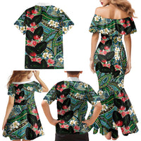 Hawaiian Taro Leaves and Ohia Lehua Family Matching Mermaid Dress and Hawaiian Shirt Polynesian Tribal Art Tropical Plants Motifs Colorful
