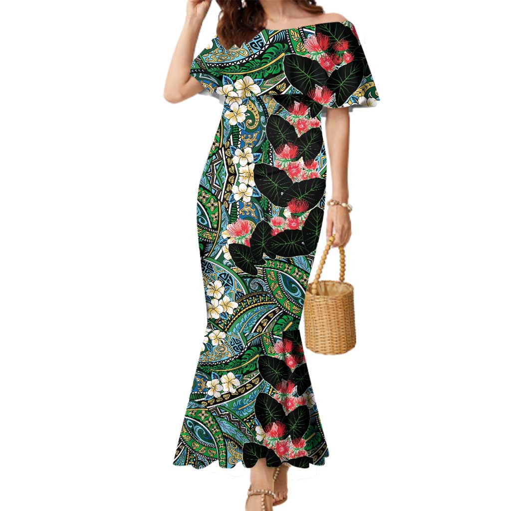 Hawaiian Taro Leaves and Ohia Lehua Family Matching Mermaid Dress and Hawaiian Shirt Polynesian Tribal Art Tropical Plants Motifs Colorful
