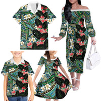 Hawaiian Taro Leaves and Ohia Lehua Family Matching Off The Shoulder Long Sleeve Dress and Hawaiian Shirt Polynesian Tribal Art Tropical Plants Motifs Colorful