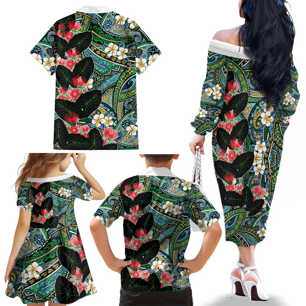 Hawaiian Taro Leaves and Ohia Lehua Family Matching Off The Shoulder Long Sleeve Dress and Hawaiian Shirt Polynesian Tribal Art Tropical Plants Motifs Colorful