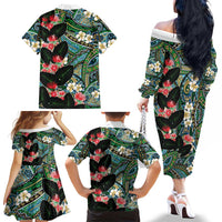 Hawaiian Taro Leaves and Ohia Lehua Family Matching Off The Shoulder Long Sleeve Dress and Hawaiian Shirt Polynesian Tribal Art Tropical Plants Motifs Colorful