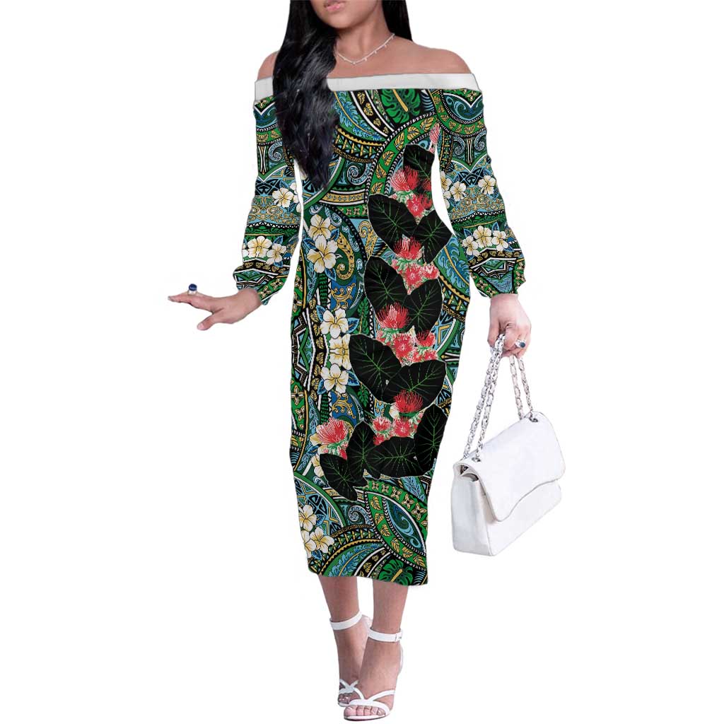 Hawaiian Taro Leaves and Ohia Lehua Family Matching Off The Shoulder Long Sleeve Dress and Hawaiian Shirt Polynesian Tribal Art Tropical Plants Motifs Colorful