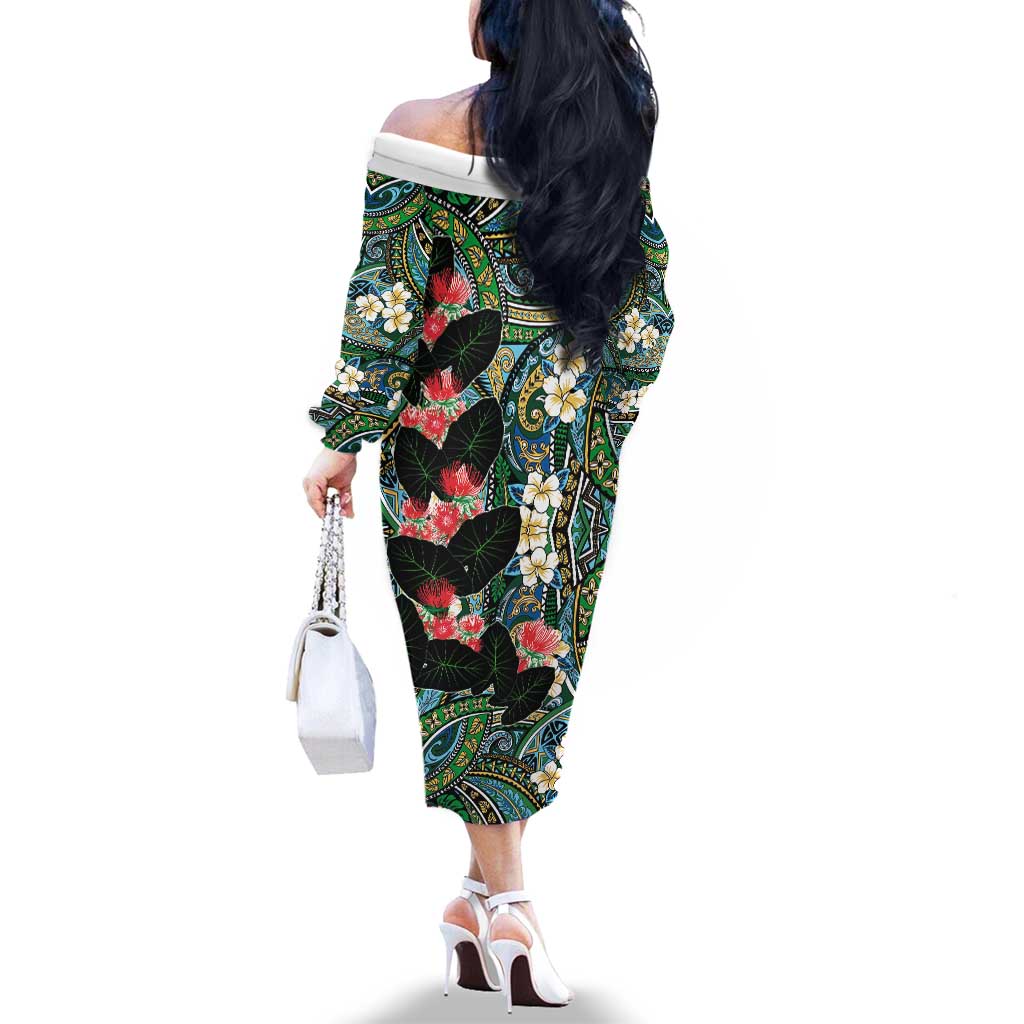 Hawaiian Taro Leaves and Ohia Lehua Family Matching Off The Shoulder Long Sleeve Dress and Hawaiian Shirt Polynesian Tribal Art Tropical Plants Motifs Colorful