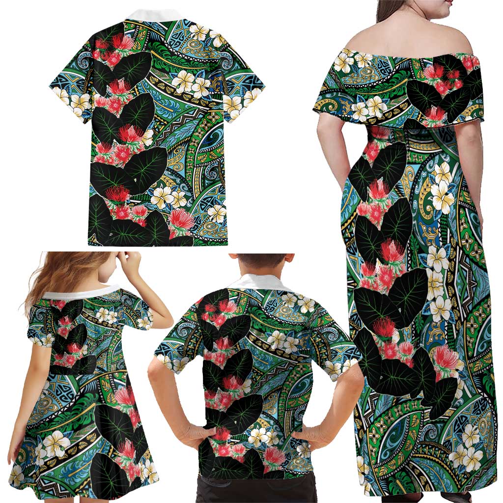 Hawaiian Taro Leaves and Ohia Lehua Family Matching Off Shoulder Maxi Dress and Hawaiian Shirt Polynesian Tribal Art Tropical Plants Motifs Colorful