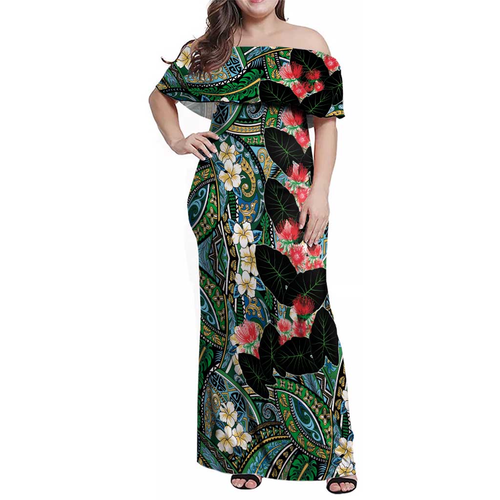 Hawaiian Taro Leaves and Ohia Lehua Family Matching Off Shoulder Maxi Dress and Hawaiian Shirt Polynesian Tribal Art Tropical Plants Motifs Colorful