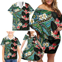 Hawaiian Taro Leaves and Ohia Lehua Family Matching Off Shoulder Short Dress and Hawaiian Shirt Polynesian Tribal Art Tropical Plants Motifs Colorful