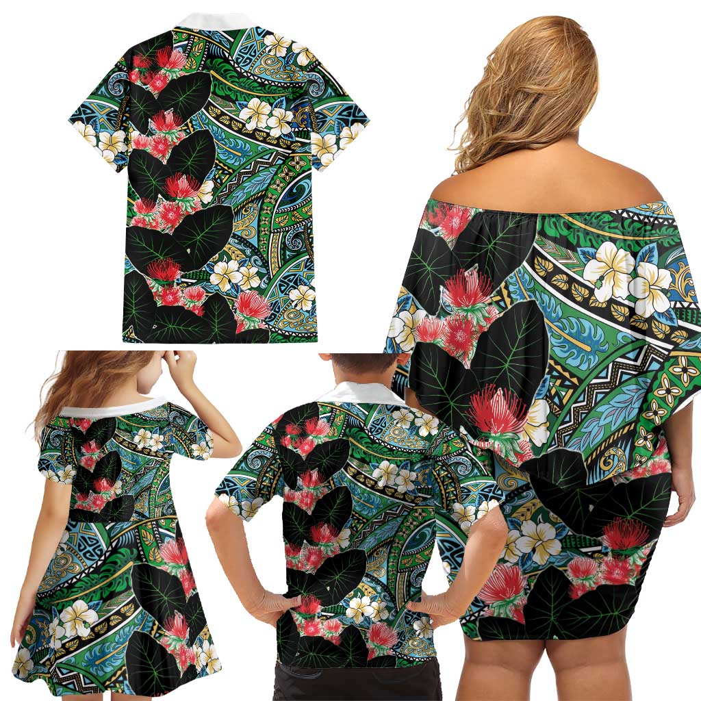 Hawaiian Taro Leaves and Ohia Lehua Family Matching Off Shoulder Short Dress and Hawaiian Shirt Polynesian Tribal Art Tropical Plants Motifs Colorful