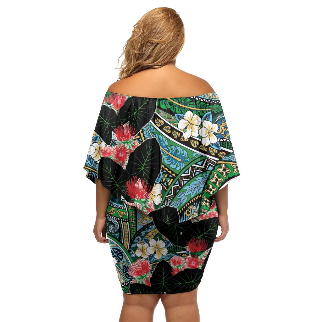 Hawaiian Taro Leaves and Ohia Lehua Family Matching Off Shoulder Short Dress and Hawaiian Shirt Polynesian Tribal Art Tropical Plants Motifs Colorful