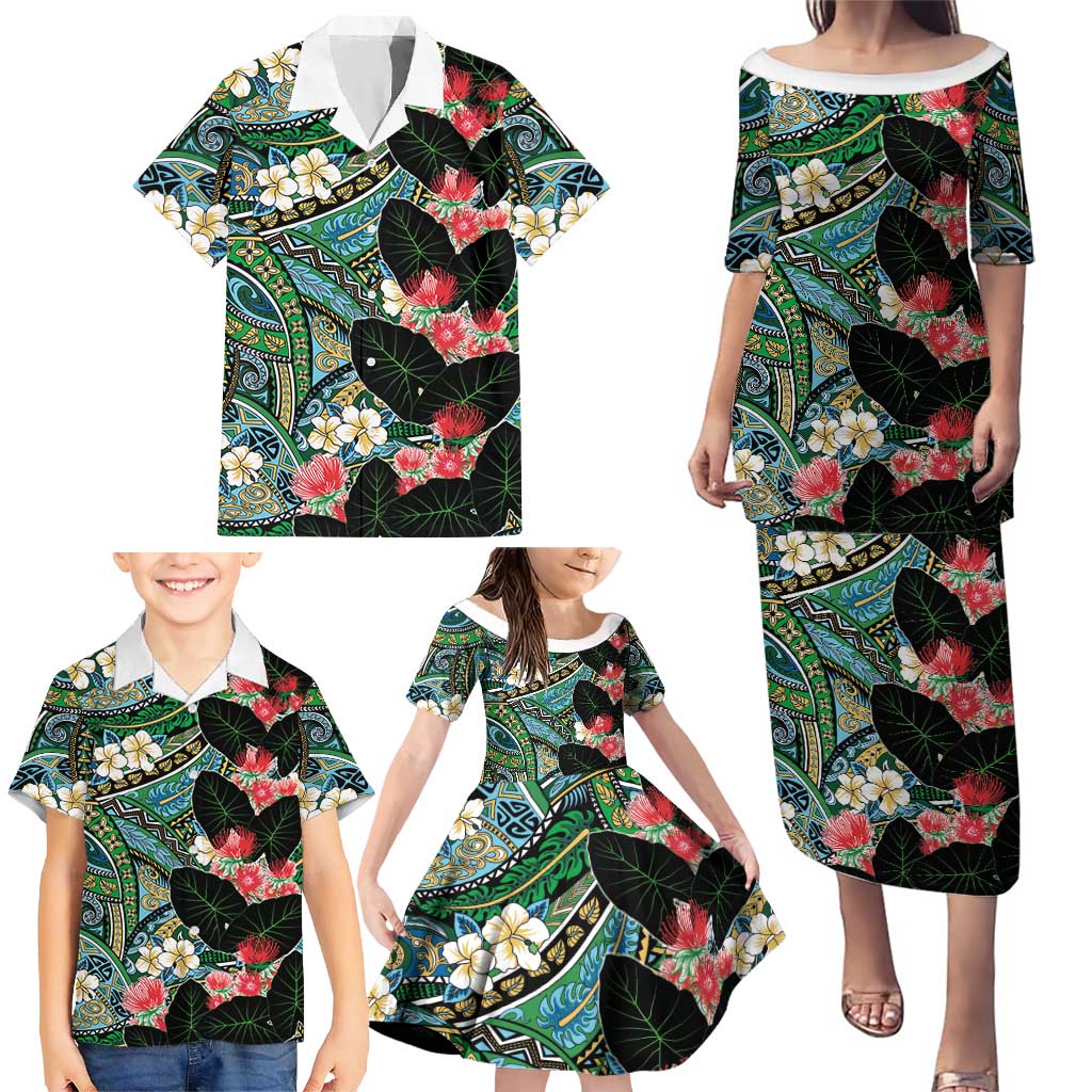 Hawaiian Taro Leaves and Ohia Lehua Family Matching Puletasi and Hawaiian Shirt Polynesian Tribal Art Tropical Plants Motifs Colorful